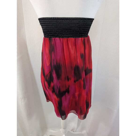BEBE! 2B! BLACK SATIN BODICE, RED, PURPLE & BLACK ABSTRACT CHIFFON DRESS! SZ S - Picture 3 of 10